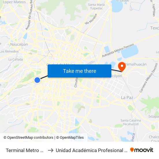 Terminal Metro Tacubaya to Unidad Académica Profesional Chimalhuacán map