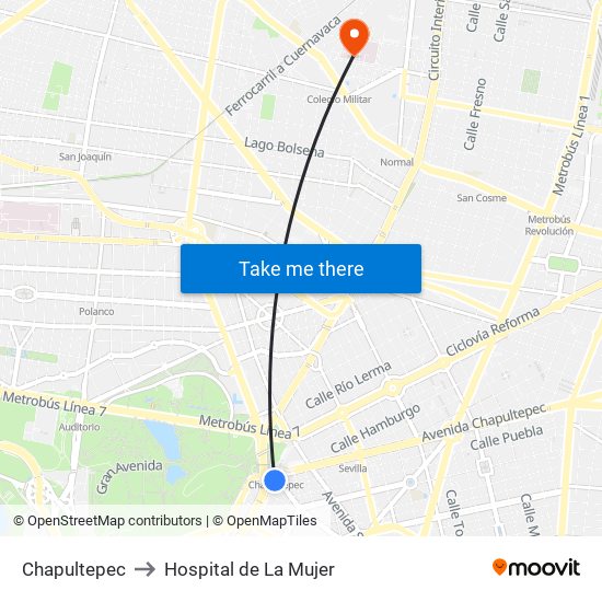 Chapultepec to Hospital de La Mujer map