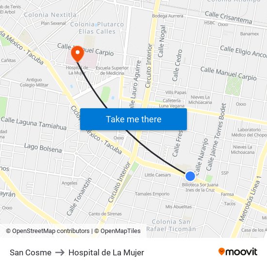 San Cosme to Hospital de La Mujer map