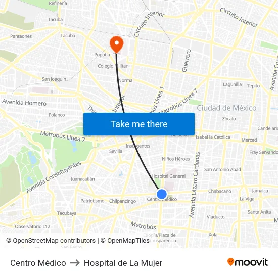 Centro Médico to Hospital de La Mujer map