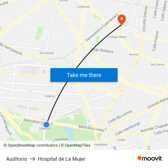 Auditorio to Hospital de La Mujer map