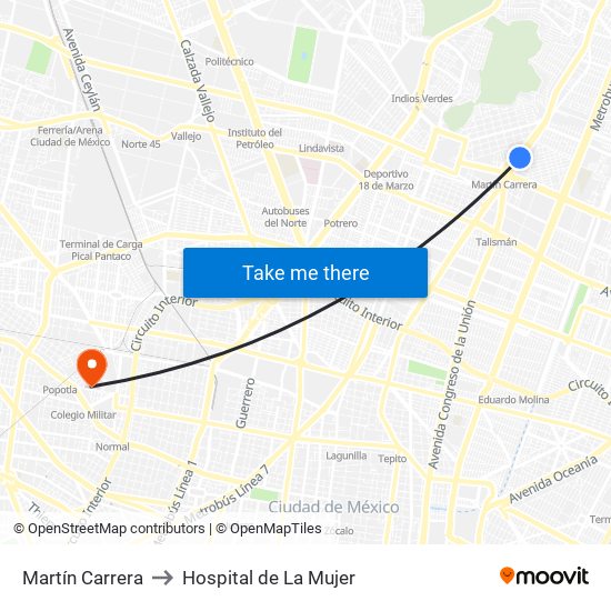 Martín Carrera to Hospital de La Mujer map