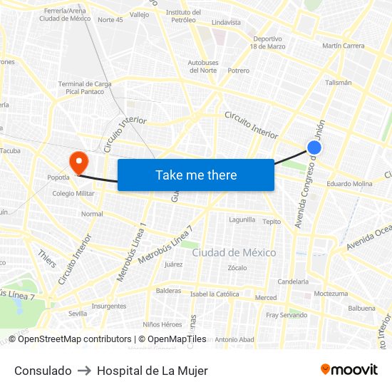 Consulado to Hospital de La Mujer map