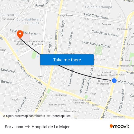 Sor Juana to Hospital de La Mujer map