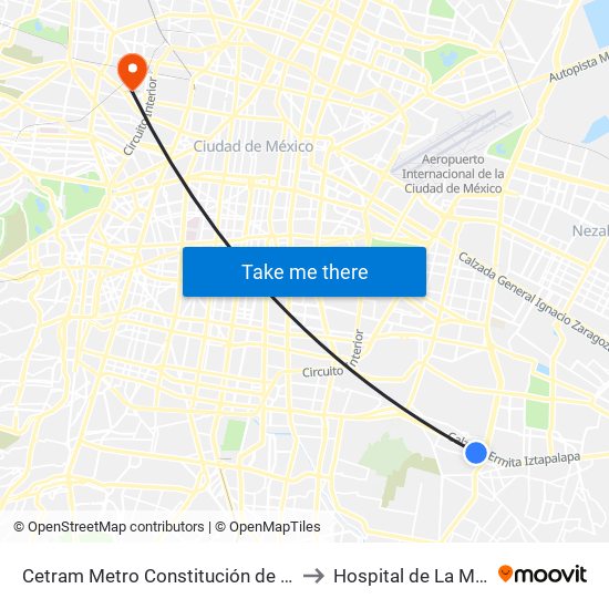 Cetram Metro Constitución de 1917 to Hospital de La Mujer map