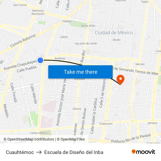 Cuauhtémoc to Escuela de Diseño del Inba map