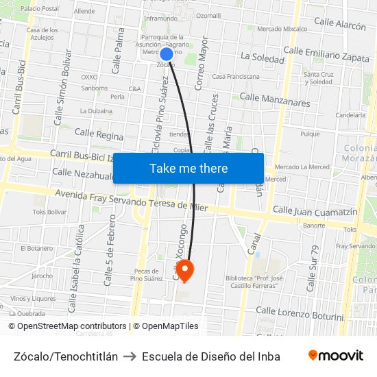 Zócalo/Tenochtitlán to Escuela de Diseño del Inba map