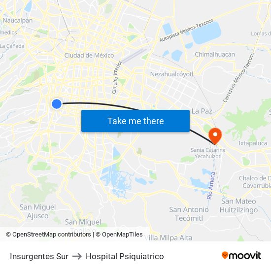 Insurgentes Sur to Hospital Psiquiatrico map