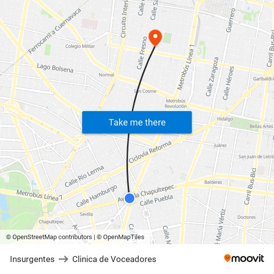 Insurgentes to Clinica de Voceadores map