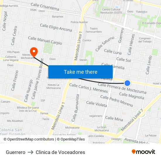 Guerrero to Clinica de Voceadores map