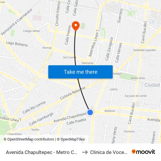 Avenida Chapultepec - Metro Cuauhtémoc to Clinica de Voceadores map