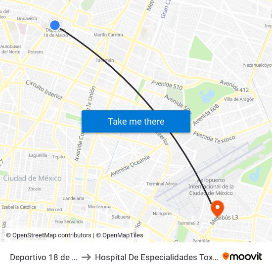 Deportivo 18 de Marzo to Hospital De Especialidades Toxicologicas map