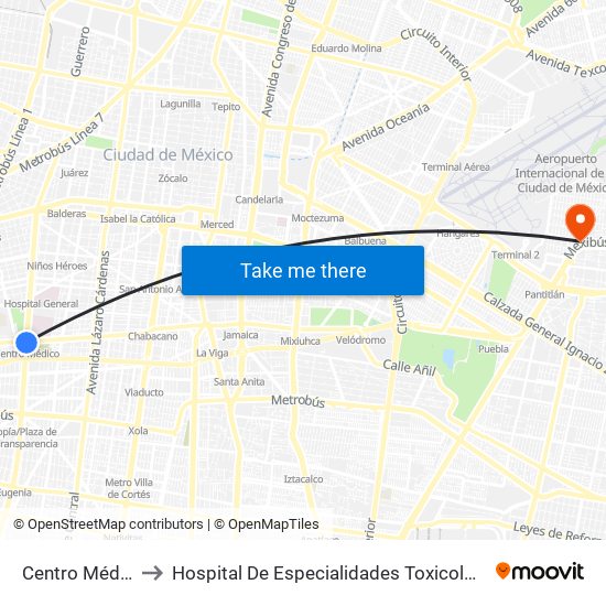 Centro Médico to Hospital De Especialidades Toxicologicas map