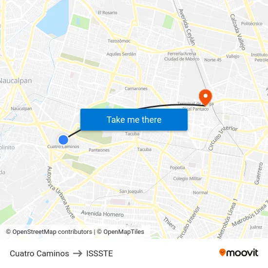 Cuatro Caminos to ISSSTE map