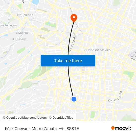 Félix Cuevas - Metro Zapata to ISSSTE map