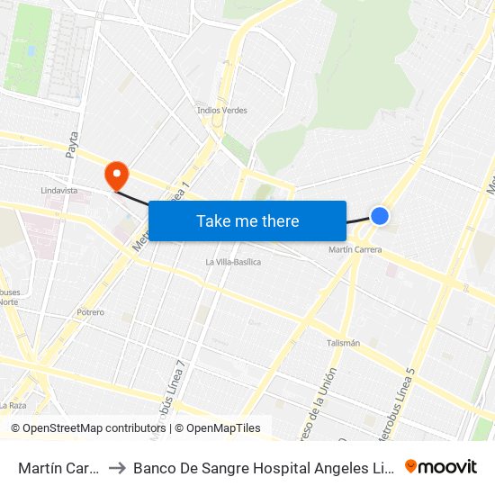 Martín Carrera to Banco De Sangre Hospital Angeles Lindavista map