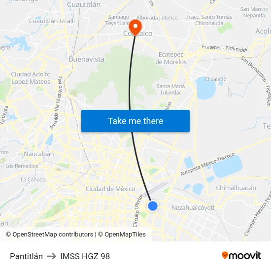 Pantitlán to IMSS HGZ 98 map