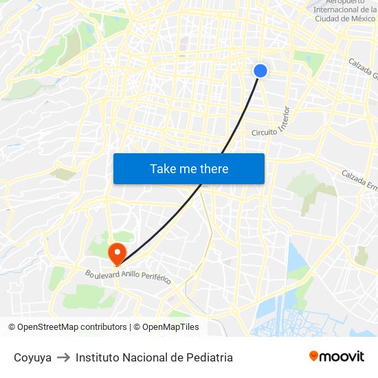 Coyuya to Instituto Nacional de Pediatria map