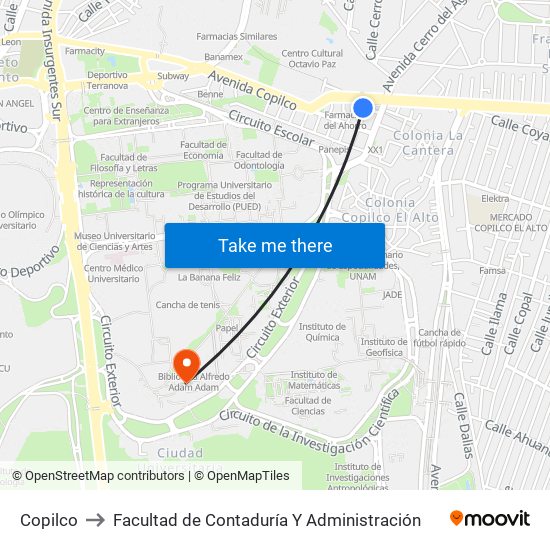 Copilco to Facultad de Contaduría Y Administración map