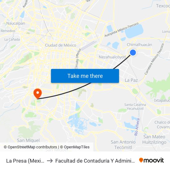La Presa (Mexibus) to Facultad de Contaduría Y Administración map