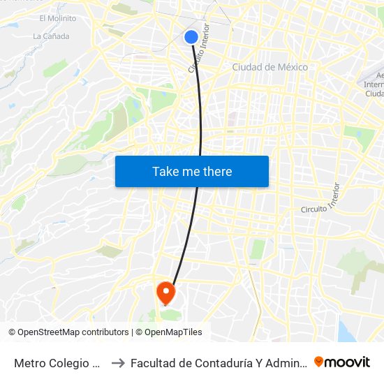 Metro Colegio Militar to Facultad de Contaduría Y Administración map