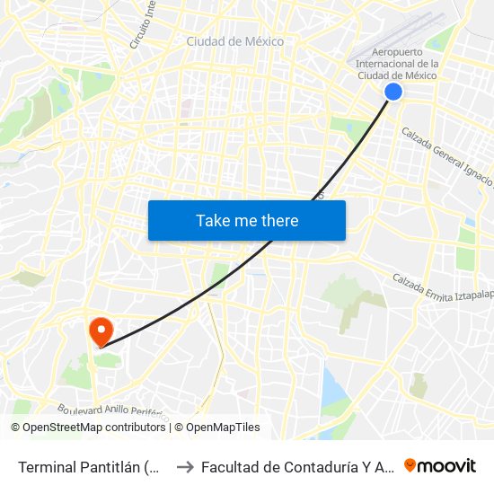 Terminal Pantitlán (Mexibus L3) to Facultad de Contaduría Y Administración map