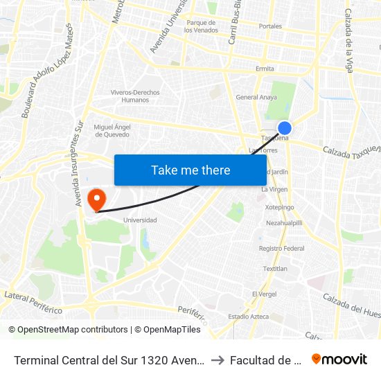 Terminal Central del Sur 1320 Avenida Canal de Miramontes Campestre Coyoacán Cdmx 04200 México to Facultad de Contaduría Y Administración map