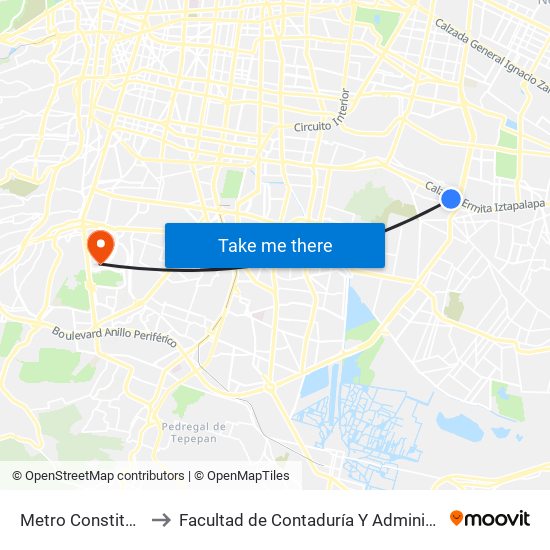 Metro Constitución to Facultad de Contaduría Y Administración map