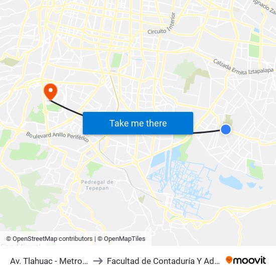 Av. Tlahuac - Metro Tezonco to Facultad de Contaduría Y Administración map