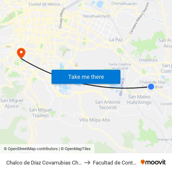 Chalco de Díaz Covarrubias Chalco Estado de México 56625 México to Facultad de Contaduría Y Administración map