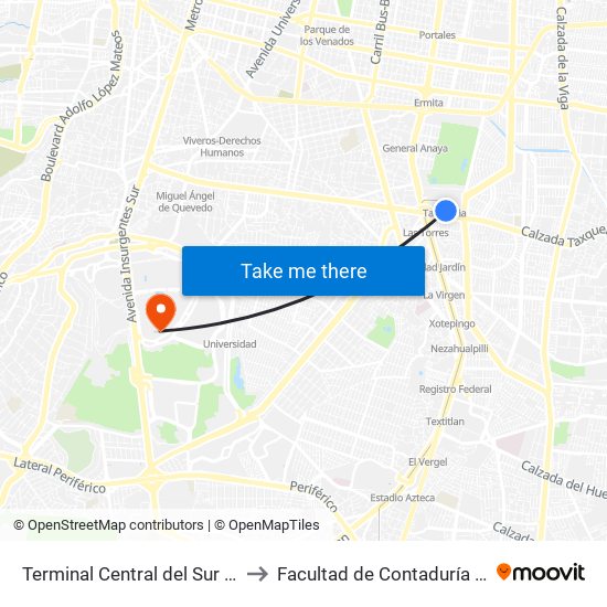 Terminal Central del Sur - Metro Tasqueña to Facultad de Contaduría Y Administración map