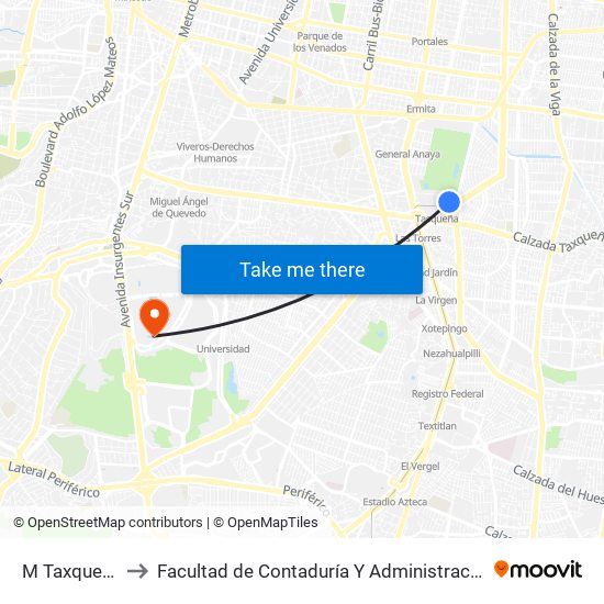 M Taxqueña to Facultad de Contaduría Y Administración map
