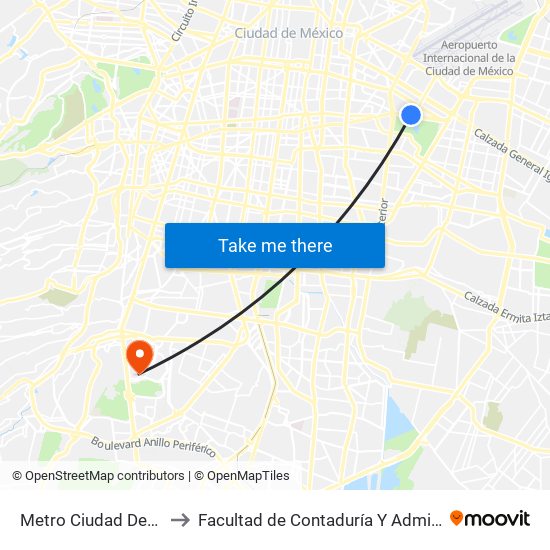 Metro Ciudad Deportiva to Facultad de Contaduría Y Administración map