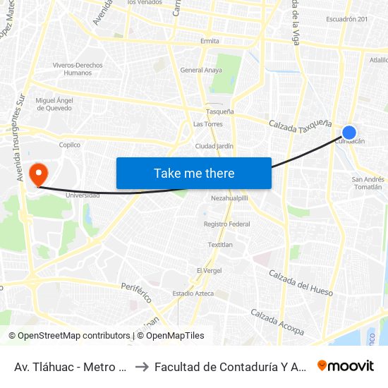 Av. Tláhuac - Metro Culhuacán to Facultad de Contaduría Y Administración map