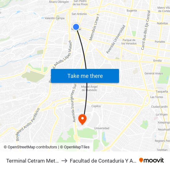 Terminal Cetram Metro Mixcoac to Facultad de Contaduría Y Administración map