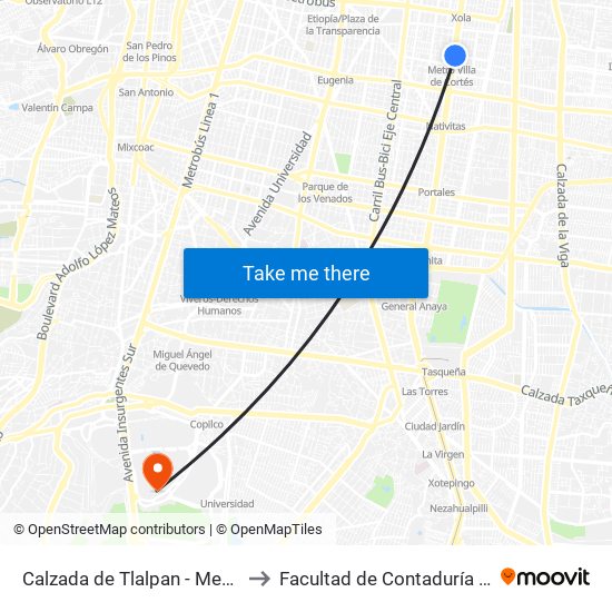 Calzada de Tlalpan - Metro Villa de Cortes to Facultad de Contaduría Y Administración map