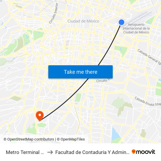 Metro Terminal Aérea to Facultad de Contaduría Y Administración map