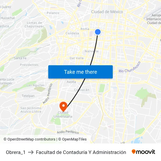 Obrera_1 to Facultad de Contaduría Y Administración map