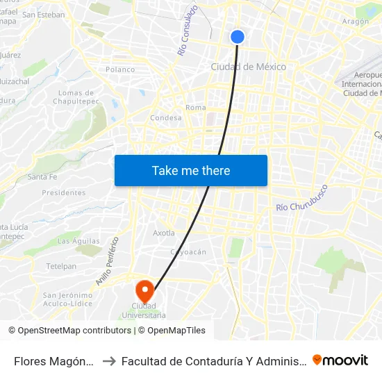 Flores Magón_1_2 to Facultad de Contaduría Y Administración map