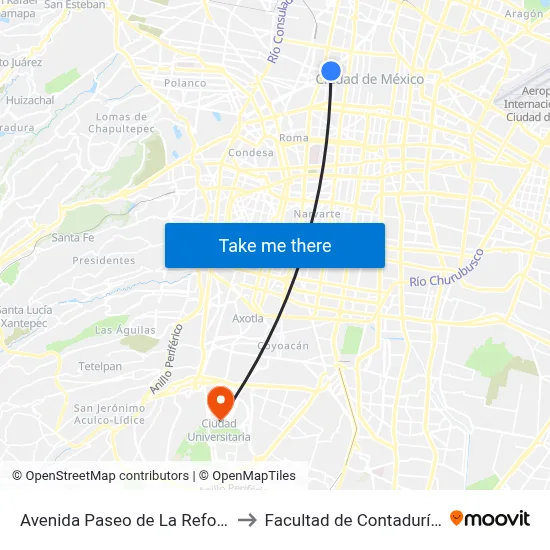 Avenida Paseo de La Reforma - Metro Hidalgo_1 to Facultad de Contaduría Y Administración map
