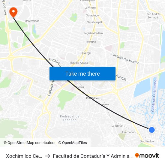 Xochimilco Centro to Facultad de Contaduría Y Administración map