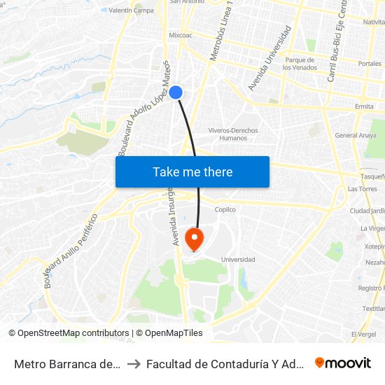 Metro Barranca del Muerto to Facultad de Contaduría Y Administración map