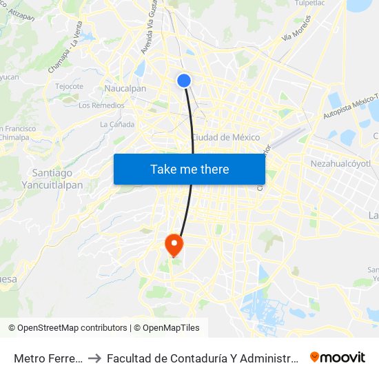 Metro Ferrería to Facultad de Contaduría Y Administración map