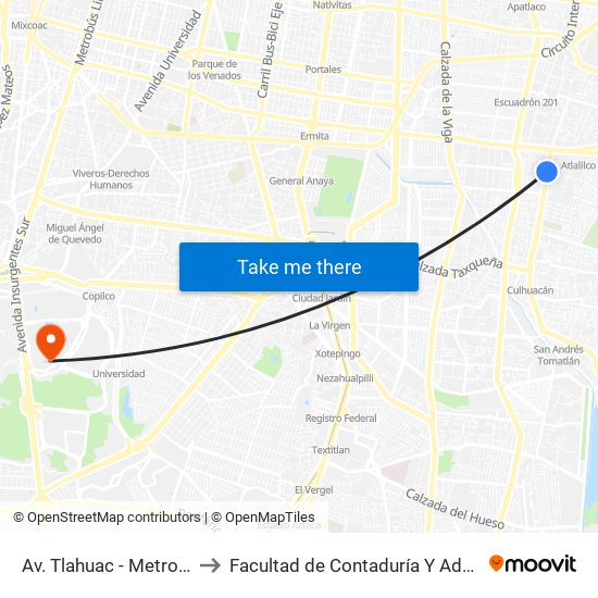 Av. Tlahuac - Metro Atlalilco to Facultad de Contaduría Y Administración map