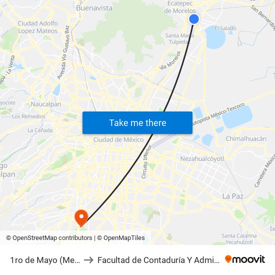 1ro de Mayo (Mexibús) to Facultad de Contaduría Y Administración map