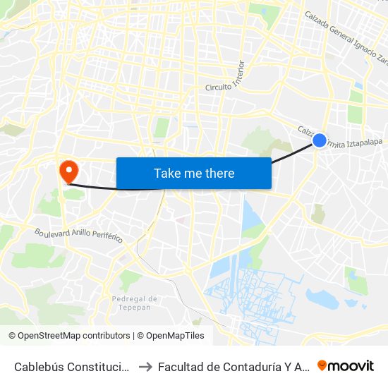 Cablebús Constitución de 1917 to Facultad de Contaduría Y Administración map