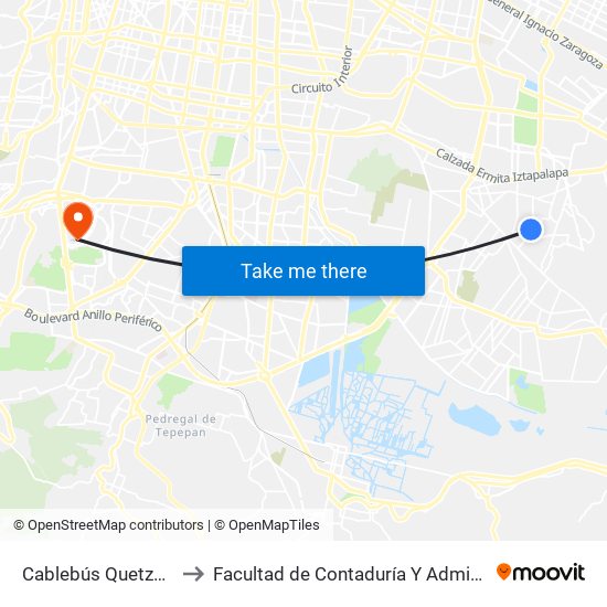 Cablebús Quetzalcóatl to Facultad de Contaduría Y Administración map