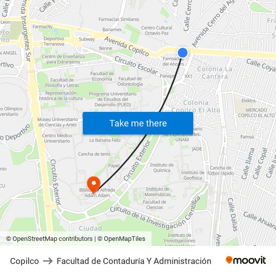 Copilco to Facultad de Contaduría Y Administración map