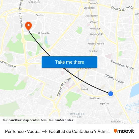 Periférico - Vaqueritos to Facultad de Contaduría Y Administración map