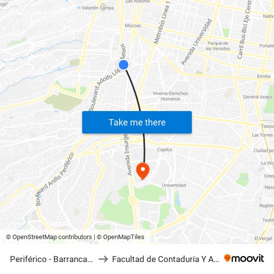 Periférico - Barranca del Muerto to Facultad de Contaduría Y Administración map